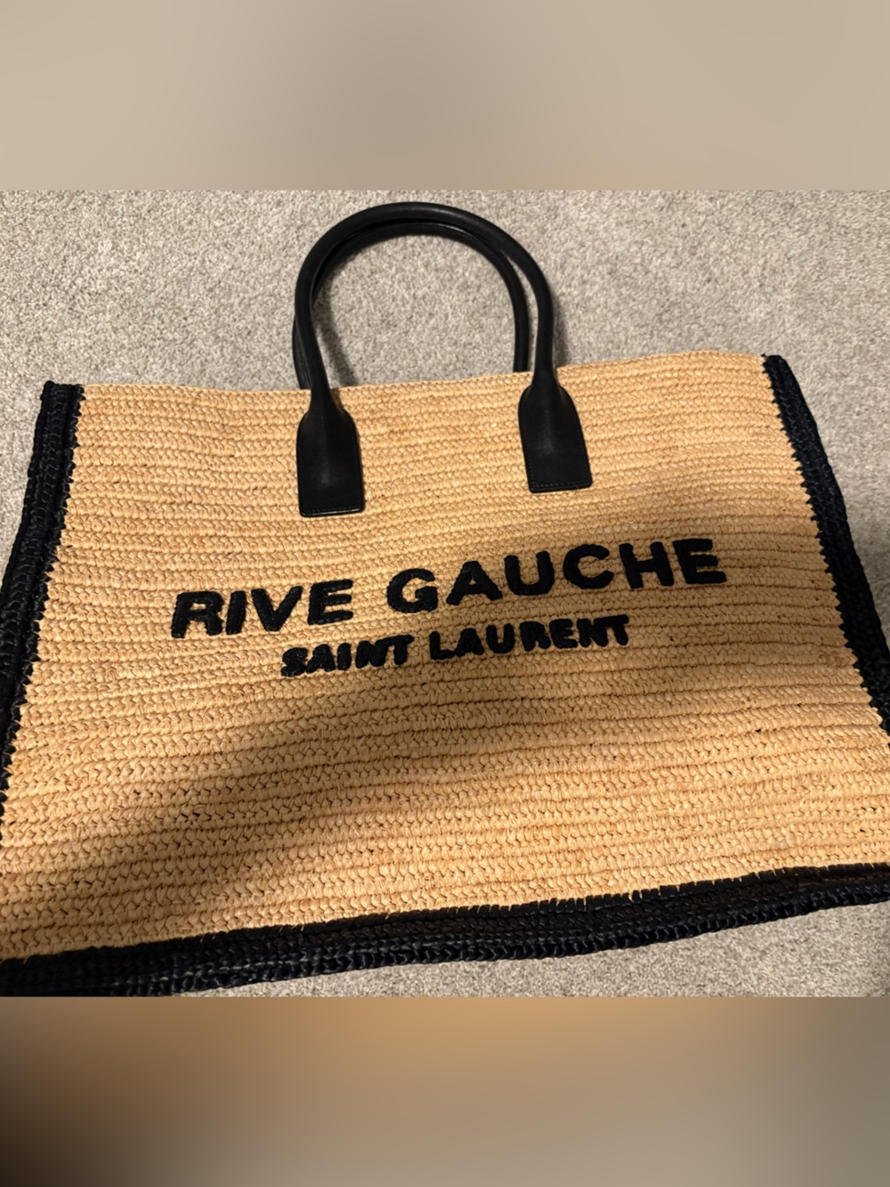 NWT Saint Laurent Rive Gauche Raffia Tote in Beige with Black Trim